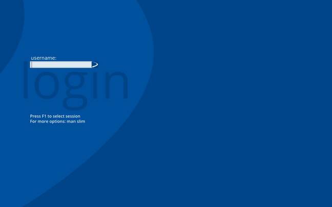 Devuan 6's very plain opening screen has a single box labelled "username" and wallpaper that reads "login".