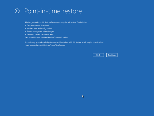 Point-in-time restore warns you that it will erase some things - Image courtesy of Phantomofearth