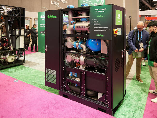Nidec was one of several thermal management vendors showing off high-density coolant distribution units (CDUs) with upwards of 2 MW of capacity, enough for about 16 GB200 NVL72 racks today or three of Nvidia's 600 kW Kyber racks