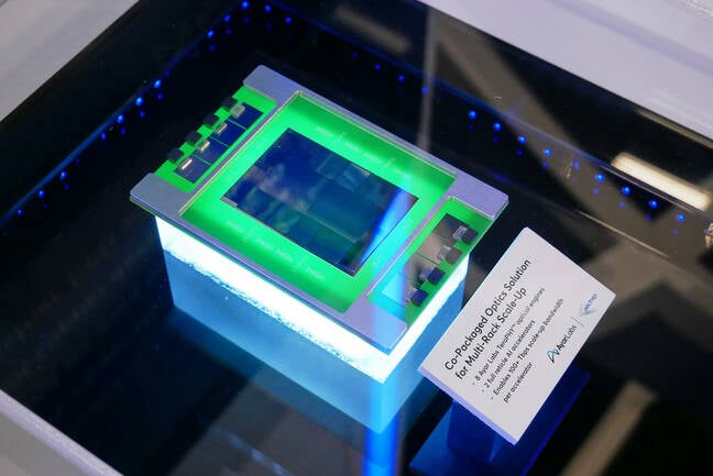 At SC25, Ayar Labs showed what an XPU using its CPO chiplets (the eight dies located at the ends of the package) might look like.)