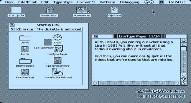LisaOS screenshot from LisaGUI showing a finder window and a piece of LisaType paper.