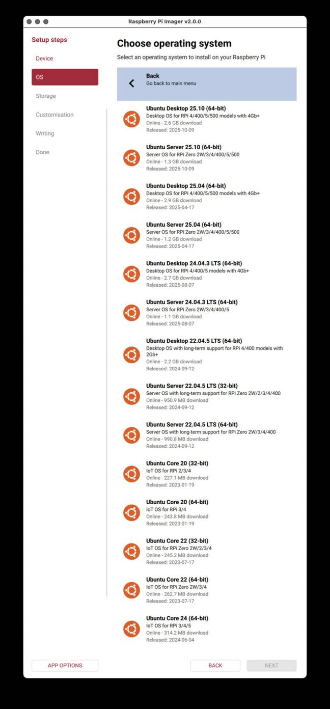 Tall thin window showing 14 different variants of Ubuntu, Ubuntu Server and Ubuntu Core