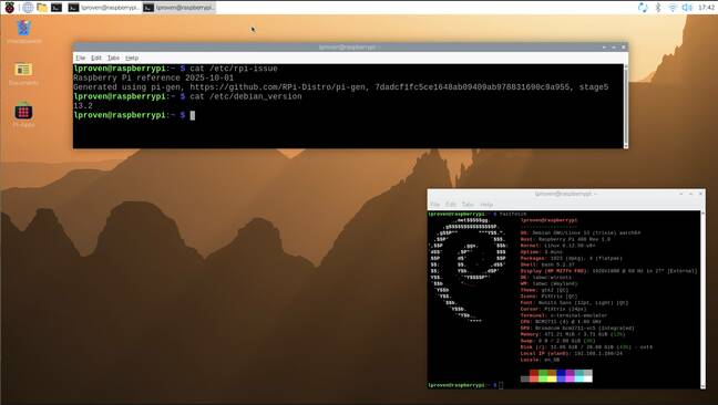 Pi OS 6 desktop under Wayland and Pi Connect, showing Fastfetch and the /dev/debian_version file.