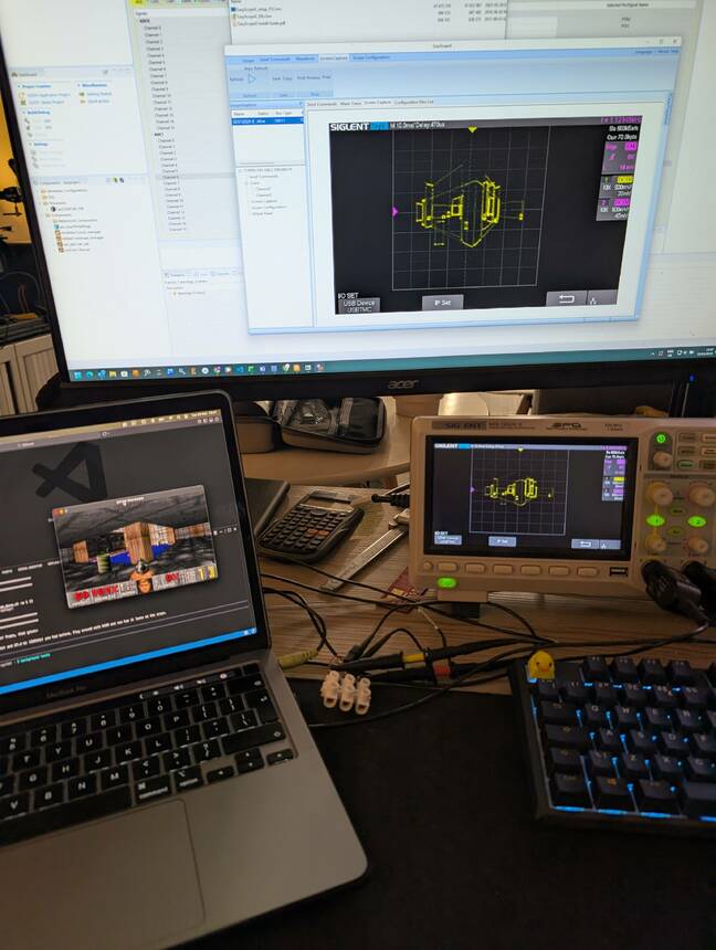 Doom running on an oscilloscope (pic: Mike Ayles)