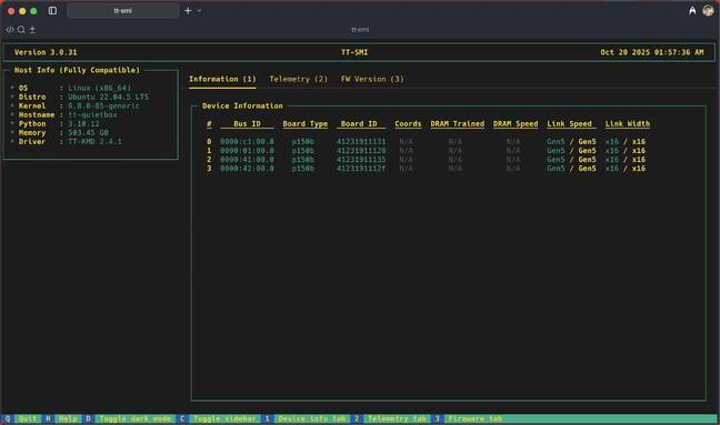 Tesntorrent's system management interface tt-smi was quite sure what to make of our single chip Blackhole accelerators