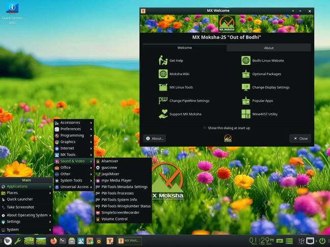 MX Moksha's desktop is bright, colorful, and friendly – and largely devoid of bloat