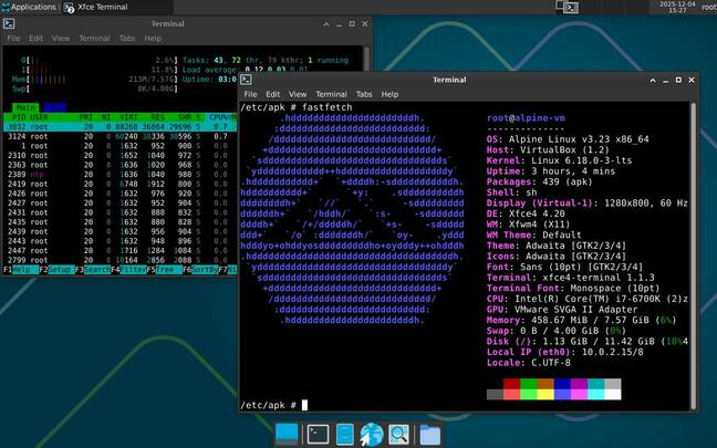 Alpine Linux 3.23: tiny, elegant, and blisteringly quick Alpine Linux showing the Xfce desktop, with just 210 megs of RAM in use.
