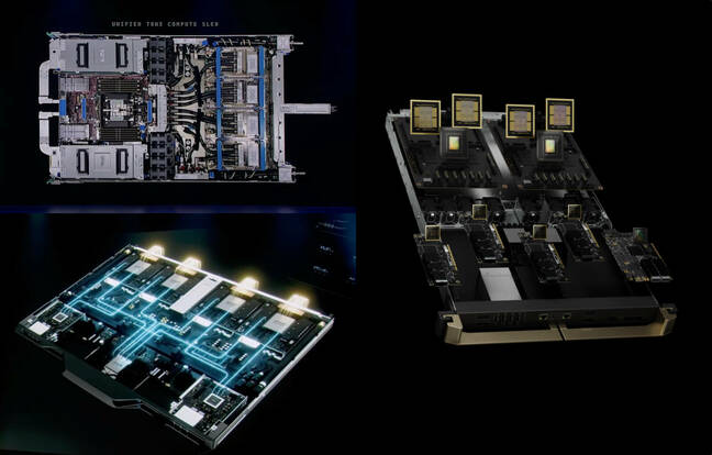 Top Left: AWS Trainium3 UltraServer sled, Bottom Left: AMD Helios sled, Right: Nvidia GB200 NVL72 Sled