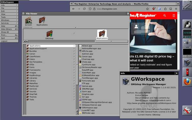Window Maker Live desktop showing the GNUstep Workspace Manager, and behind it, Firefox showing the Register