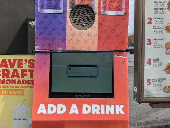 Error dialog on a Wendy's drive-thru kiosk screen