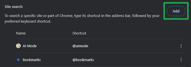 Click the add button next to Site search Click the add button next to Site search