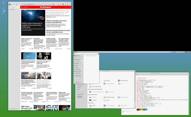 The Desktop Classic System in dual-head mode with a portrait monitor – enough to confuse some distros.