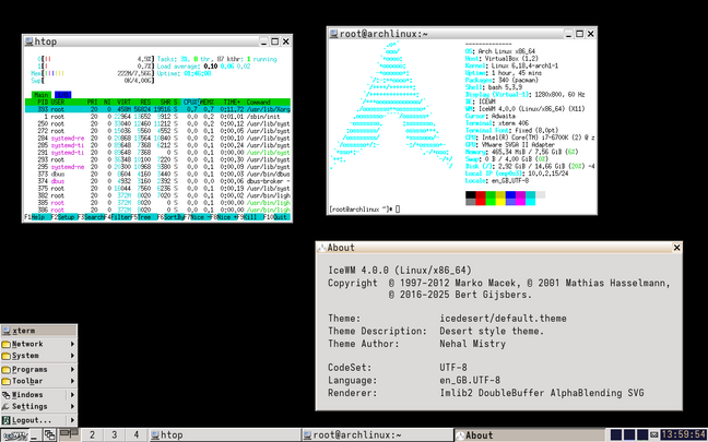 IceWM 4.0 on Arch Linux showing Htop in an Xterm, the about box, and a window with Fastfetch 