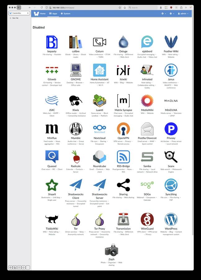 Going into FreedomBox's Apps screen, you can see the many things it can do for you. 