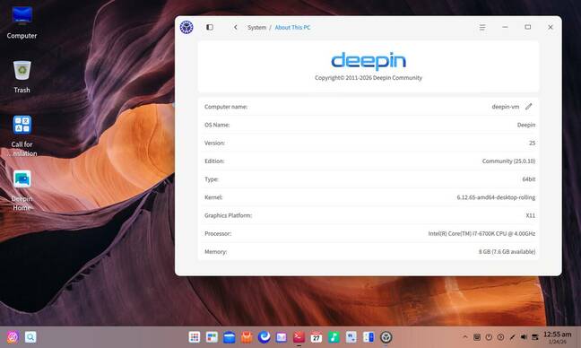 Deepin Settings showing the System Information page. 