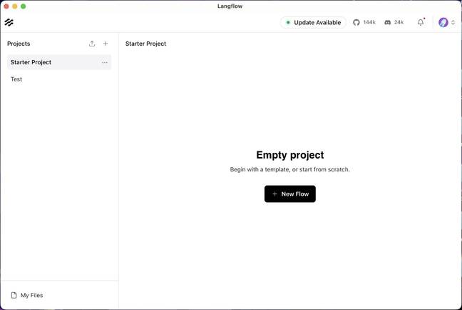 LangFlow Desktop's homepage is divided into projects on the left and flows on the right.