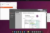 WinApps on Ubuntu 25.10's GNOME desktop, showing OneNote, the app launcher, and VMM.