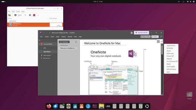 WinApps on Ubuntu 25.10's GNOME desktop, showing OneNote, the app launcher, and VMM.