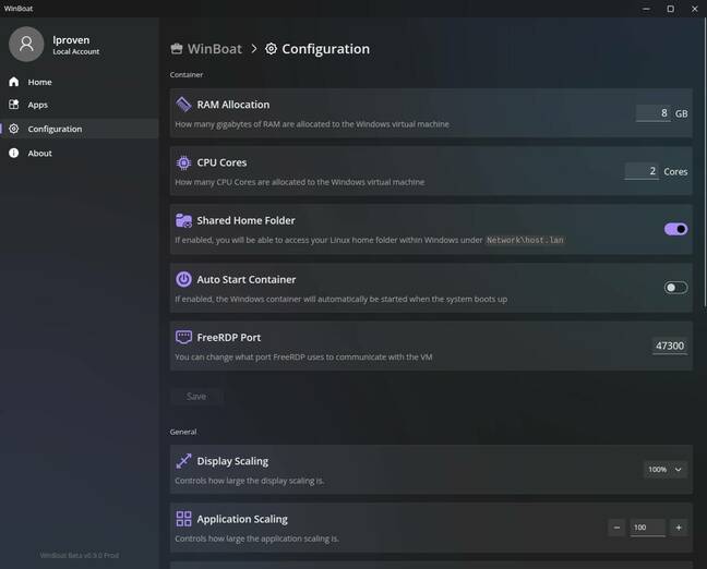 The WinBoat configuration tab has 13 or so options you can adjust, which is a lot easier than editing config files.