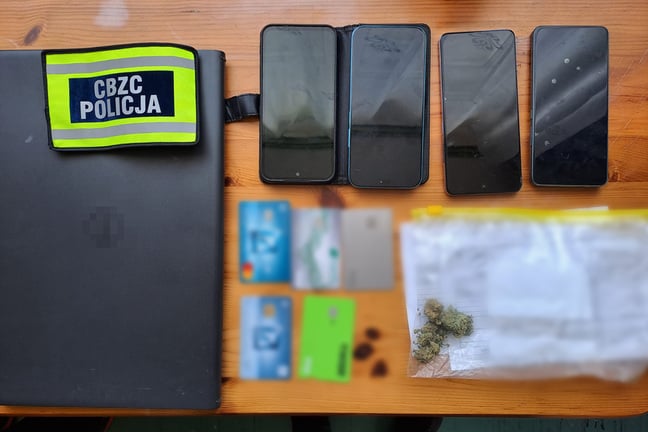 Image of the devices and contraband seized by CBZC police after raiding suspected Phobos associate's apartment – Image courtesy of the CBZC Image of the devices and contraband seized by CBZC police after raiding suspected Phobos associate's apartment – Image courtesy of the CBZC
