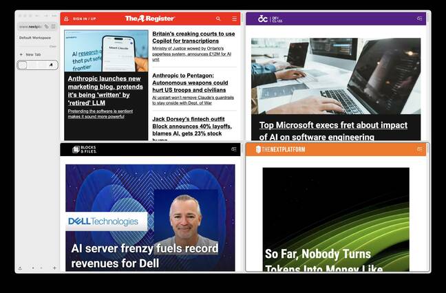 Zen showing a 2x2 arrangement of El Reg, Dev Class, Blocks and Files, and The Next Platform. 