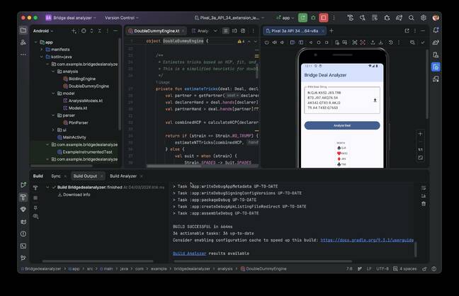 Our bridge deal analyzer in Android Studio