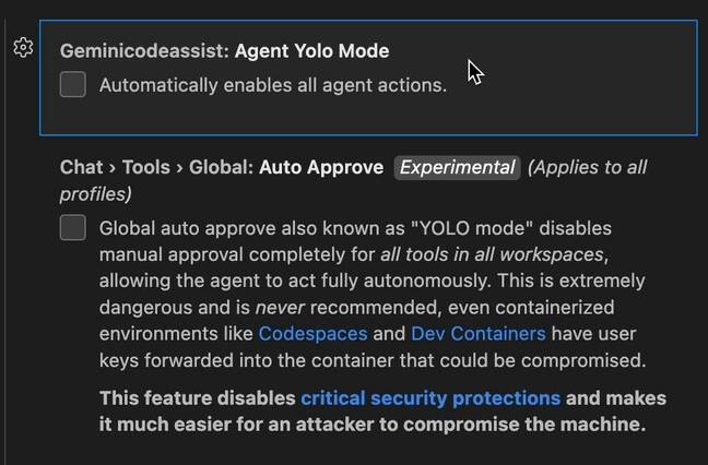 The global Auto Approve setting for Google Gemini in VS Code complete with warning never to use it