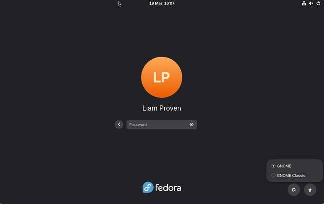 The GNOME 50 login screen on Fedora 44 offers only GNOME and GNOME Classic – no X11 offering here