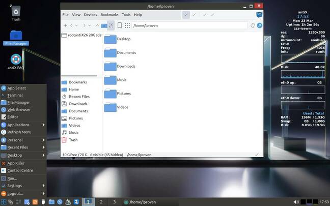 antiX 26 showing IceWM and the zzzFM file manager, using just 196 MB of RAM 