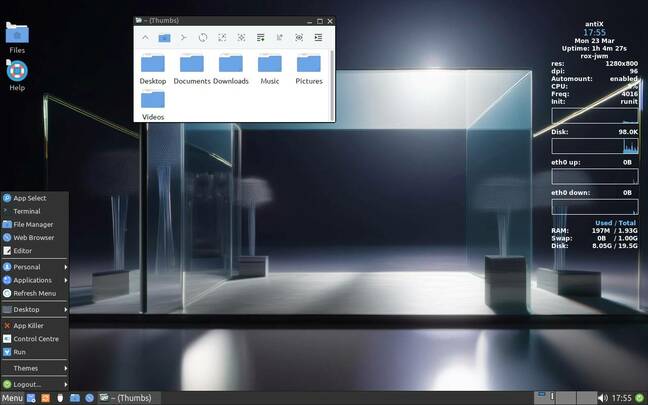 antiX 26 with the slightly simpler JWM and ROX Filer, using 197 MB 
