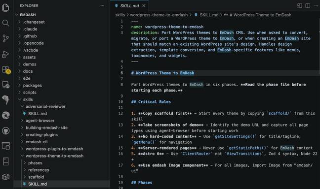 Skills are configured to make it easier to convert plugins and themes with agentic AI