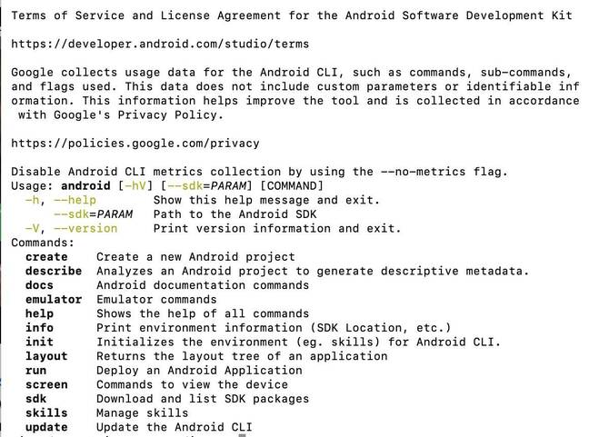 The Android CLI including the data collection policy and available commands