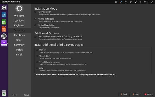 The Unity flavor uses the Calamares installer instead, and offers three install modes: full, normal, or minimal.