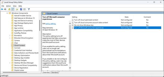Disable Cloud Content in Group Policy Editor