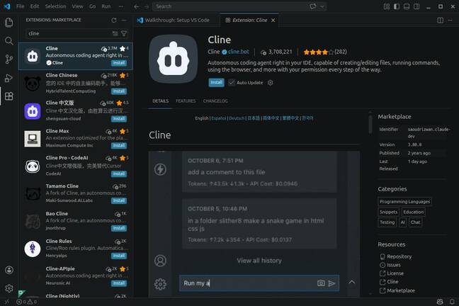 Cline is available as an extension in many popular IDEs, including VS Code