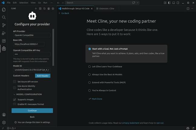 Once installed, all you need to do is point Cline at your Llama.cpp server.