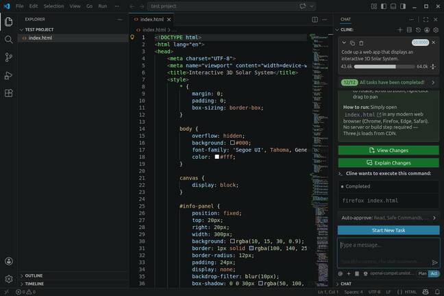 As you interact with Cline, changes will appear in VS Code's editor.