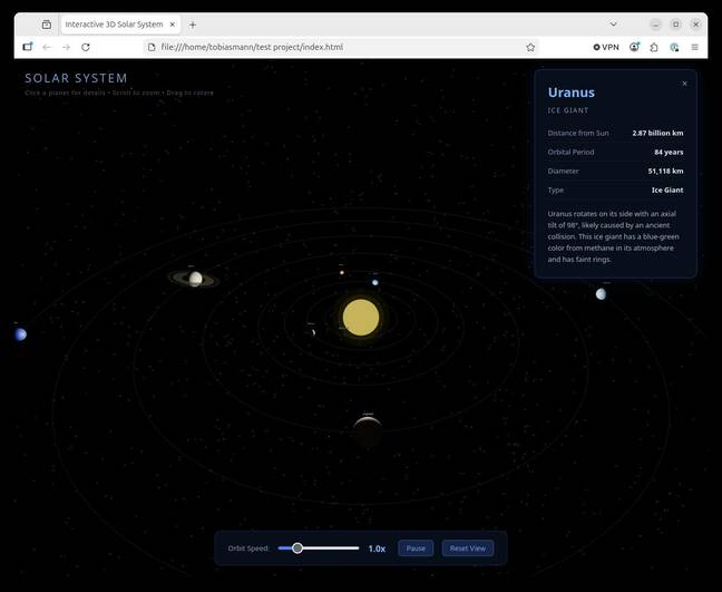 Working with Cline, Qwen3.6-27B managed to one shot an interactive solar system web app.